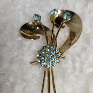 Gold Brooch with Blue Gem Accents